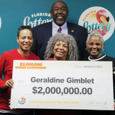 Geraldine Gimblet (bottom middle), of Florida, won a $2 million scratch off prize a day after her daughter finished cancer treatment.